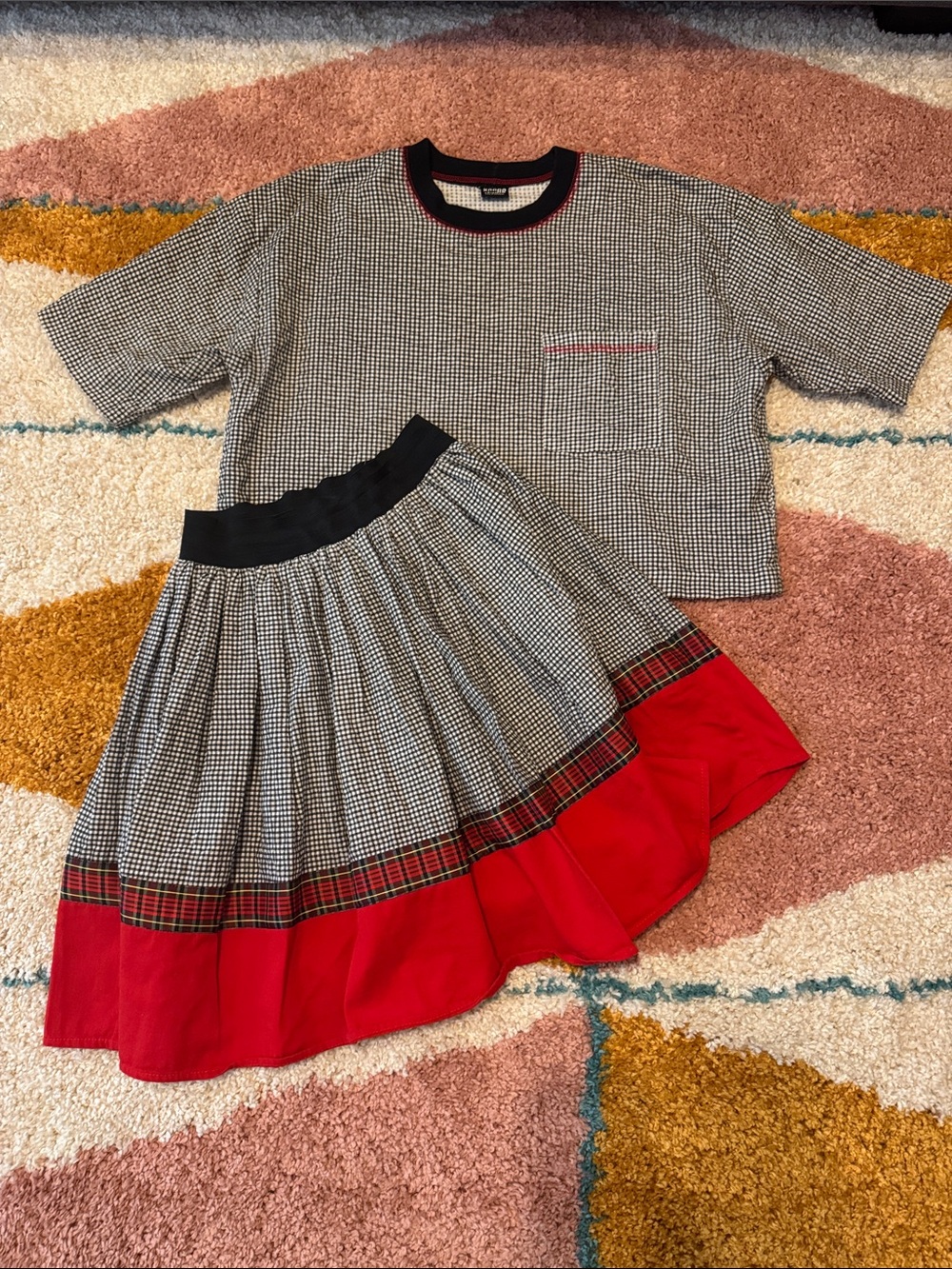 Vintage 80s/90s Judy Knapp Gingham Red Plaid Top & Mini Skirt Set